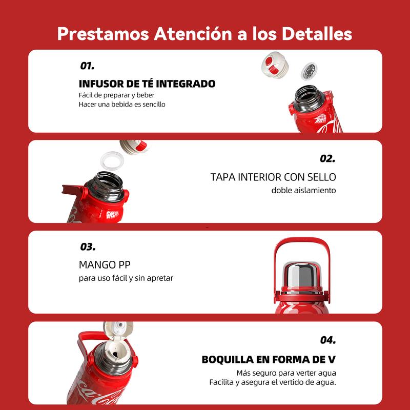 Coca-Cola Termo para Camping, Botella Térmica Portátil de 40oz con Correa y Asa, Termo Aislante de Viaje de Acero Inoxidable 316, Botella para Agua Mantiene el Frío hasta 72 Horas o el Calor hasta 48 Horas, 100% A Prueba de